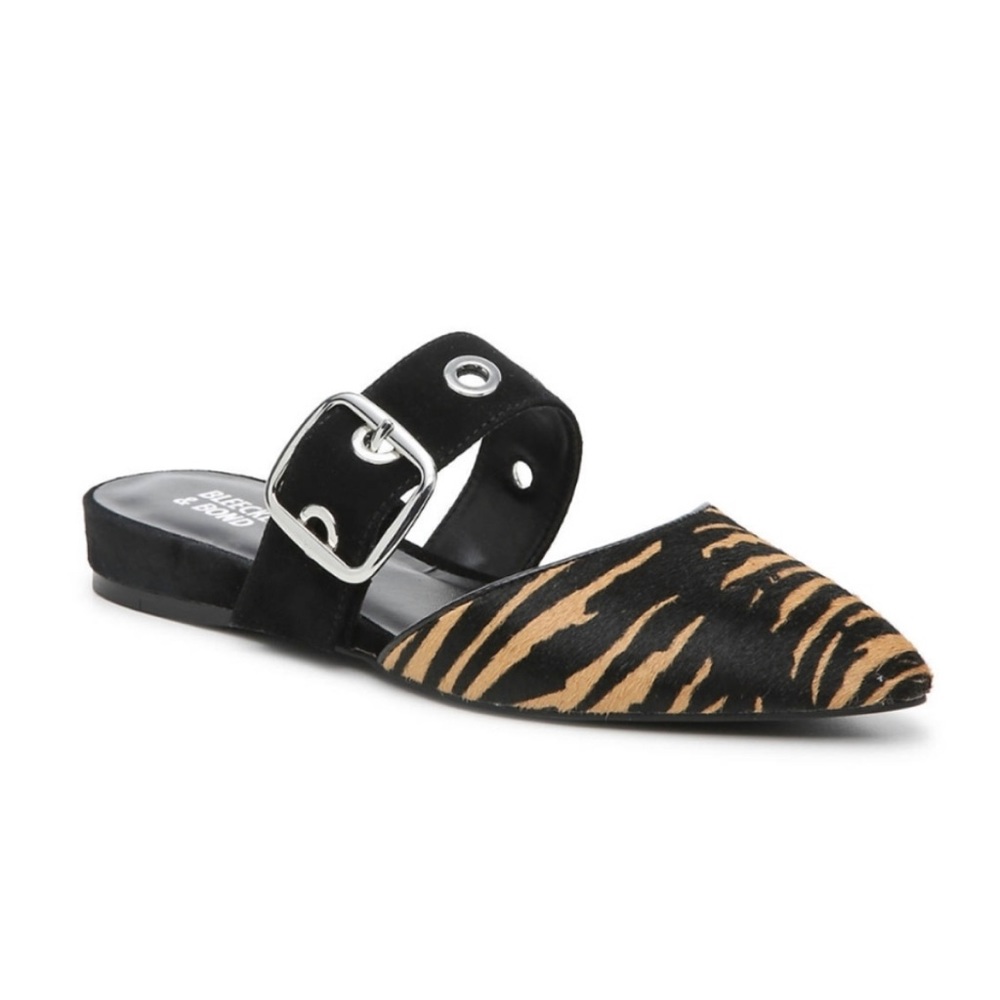 Bleecker and Bond Zada Slip On Black Buckle Mules with Real Fur and Pointed Toe
